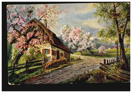 Artiste-AK Paysage du village au printemps, Tampon à deux cercles ZEIL 2 - 1914