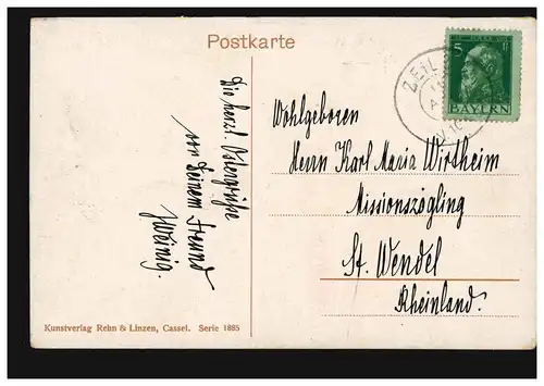 Künstler-AK Dorflandschaft im Frühling, Zweikreisstempel ZEIL 2 - 1914