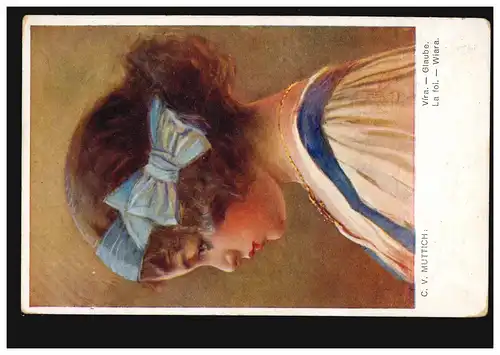 AK Artiste C.V. Muttich: Foi - Portrait de fille avec boucle de cheveux bleu, 1916