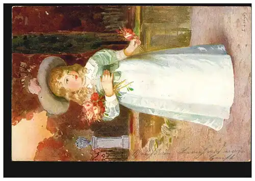 Fille AK Artiste en robe blanche avec chapeau et fleurs, DORSTEN 14.7.1908