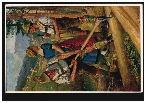 AK-Kunst-G. Mühlberg: Chaussées Oberlandler - pause de travail, visite de Deandl