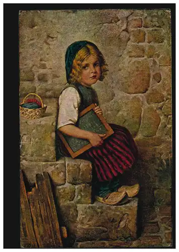 Künstler-AK Hermann Kaulbach: Gretel mit Rechentafel, DÜREN / RHEINL. 10.4.1919