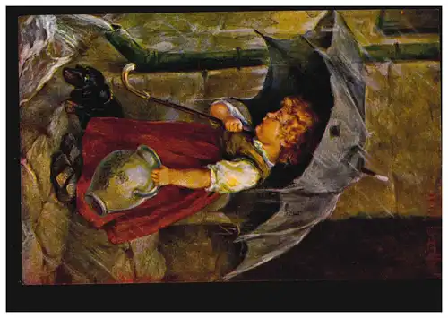 Künstler-AK K. Barth: Wasserscheue, Mädchen und Hund A.R.&.C., ungebraucht