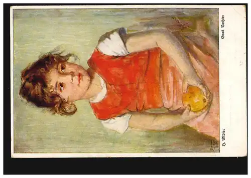 AK H. Möser: fille d'Eva avec pomme, carte postale Primus, inutilisé