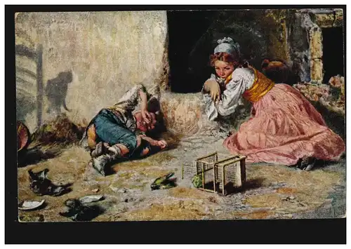 Künstler-AK V. Irolli: Der erste Schmerz - Der tote Vogel, ungebraucht