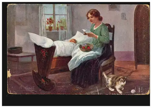 Künstler-AK Fr. Klimes: Ein willkommener Brief, Katze, Feldpost um 1917