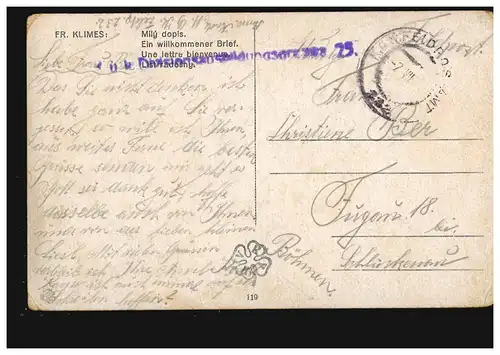 AK Artiste Fr. Klimes: Une lettre bienvenue, Chat, Poste de terrain vers 1917