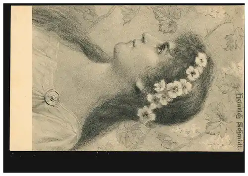 AK Artiste Heinrich Schmidt: portrait de femme avec des fleurs dans les cheveux, inutilisé