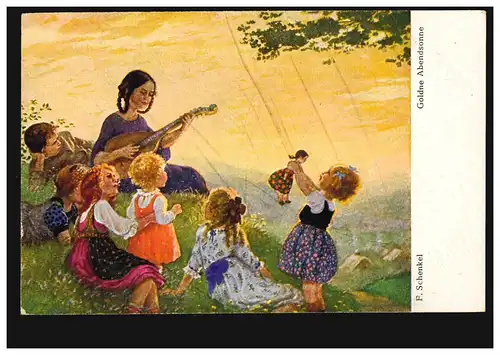 AK F. Shenkel: Soleil du soir doré, carte d'artiste de Dresdner inutilisé