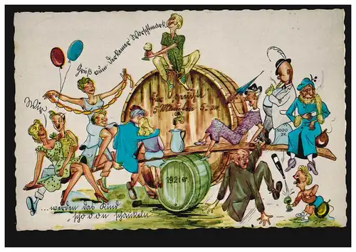 Karikatur-AK Dürkheimer Wurstmarkt: Das Weinfass und die Wippe, um 1965 