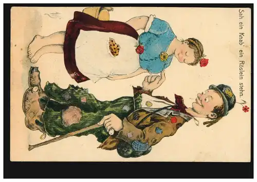 Caricature-AK Sah un Knab' un Roslein debout: Le vagabond et la jeune fille, 1917