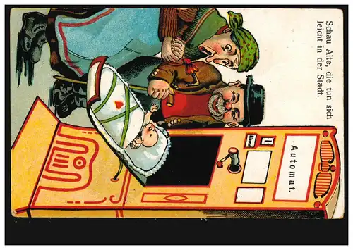 Karikatur-AK Der Baby-Automat in der Stadt, Feldpost KONSTANZ 2.1.1918