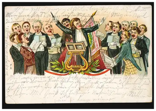 Caricature-AK Le chœur des hommes avec chef d'orchestre et notes, PASSAU 23.1.1905
