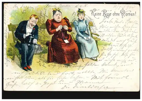Karikatur-AK Die Anstandsdame - Keine Rose ohne Dornen!, 11.5.1900 