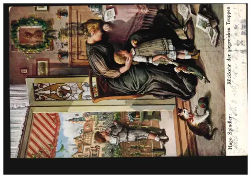 Artiste-AK Spindler: Retour des troupes victorieuses - Veuve avec chat 1915