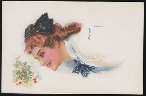 AK artiste femme avec boucle noire et cerise branches, inutilisé