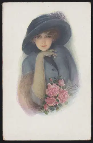 AK Artiste Bruno C. Geyer: Femme en bleu avec roses, édition CA.E.S., non utilisée