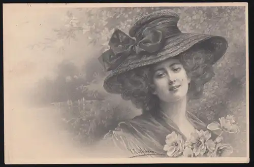 AK Biedermeier: Portrait de femme avec chapeau, Munk Wien, Görlitz 12.2.1909