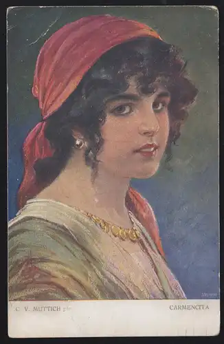 Künstler-AK C.V. Muttich: Frauenportrait Carmencita, 23.1.1917