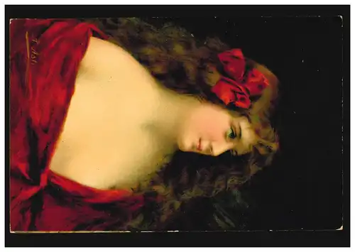 AK Artiste Angelo Asti: portrait de femme avec boucle de cheveux rouge, inutilisé