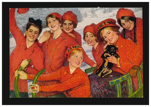 Künstler-AK S. Reicke: Rote Sieben - Sieben Frauen im Schlitten, ungebraucht