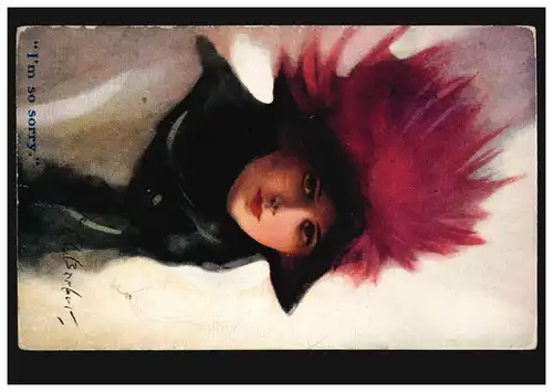Künstler-AK C. Barber: I'm so sorry - Frau mit rotem Hut, beschriftet