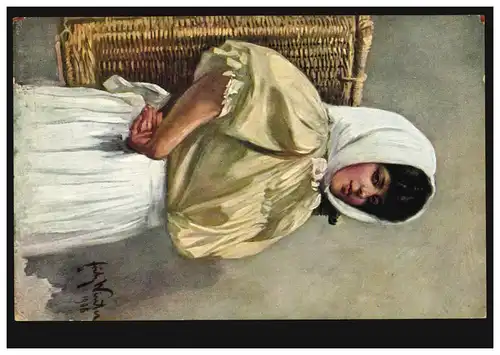 AK Hiver: femme en blanc avec panier, édition B.K.W.I., non utilisé
