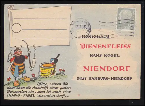 Karikatur-Karte Honighaus Bienenfleiss: Biene mit Tabakpfeife HAMBURG 12.11.1956