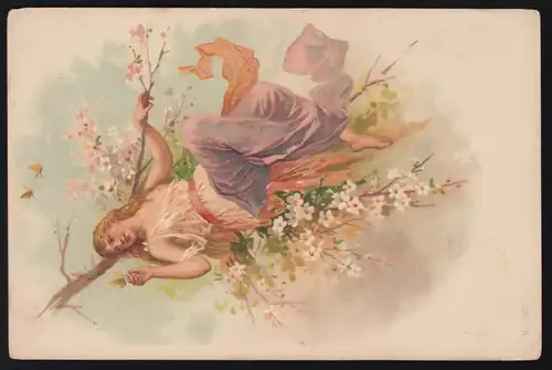 AK Artiste La nymphe avec des papillons sur l'arbre, inutilisé