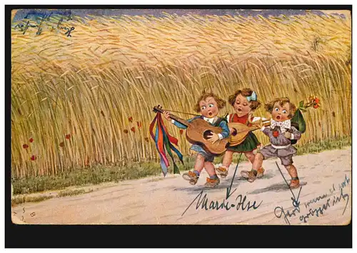Karikatur-AK Wandervögel - Drei Mädchen mit Gitarren auf Wanderschaft, KÖLN 1925