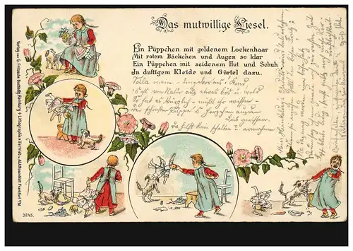 Karikatur-AK Das mutwillige Liesel. OOS 20.6.1899 nach KARLSRUHE 20.6.99