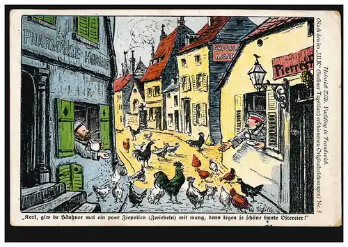 Karikatur-AK Heinrich Zille: Vadding - Bunte Ostereier durch Zwiebel-Fütterung