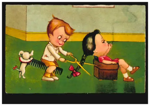 Karikatur-AK Beim Friseur - Der Haarzopf muss ab! Amag-Verlag, ungebraucht