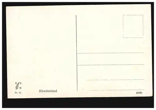 Künstler-AK Kirschenland - Bauernhof mit blühenden Kirschbäumen, ungebraucht