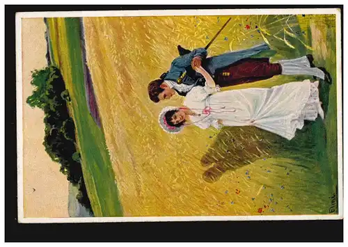 Künstler-AK Elmi: Eine Frage - Liebespaar, Verlag S.V.D., WUSTRAU 30.5.1918