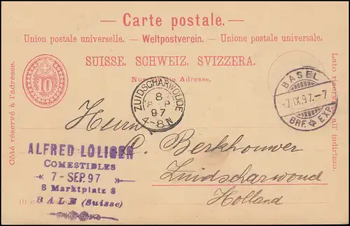 Carte postale P 21F de BASEL 7.9.1897 vers la Hollande ZUIDSCHARWOUDE 8.9.97