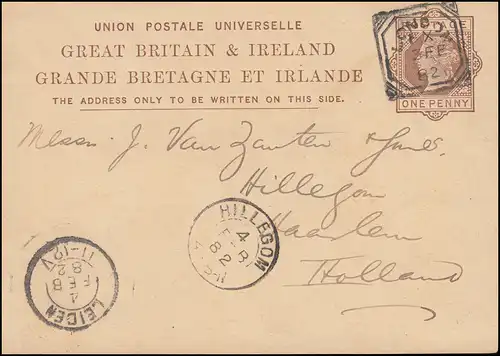 Carte postale P 16 Reine Victoria 1 Penny LONDON 3.2.1882 vers HILLEGOM 4.2.82