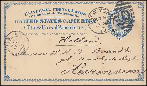 USA Carte postale 2 Cent Liberty bleu NEW YORK 9.10.1884 vers HEERENVEEN 21.10.84