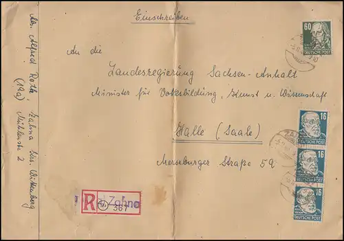 218 Virchow senkr. 3er-Str. mit 225 Hegel und Not-R-Zettel R-Bf. ZEHNA 5.11.1948