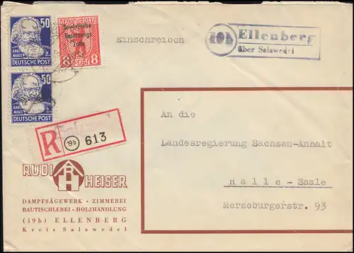 Landpost Ellenberg über SALZWEWDEL R-Brief Not-R-Zettel 29.12.48 n. Halle/Saale
