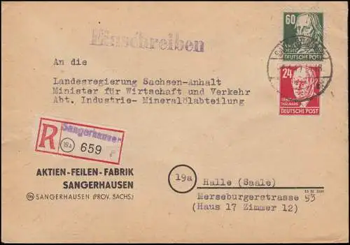 220 Thälmann et 225 Hegel comme MiF sur la lettre R Not-R-Zettel SANGERHAUSEN 5.1.49