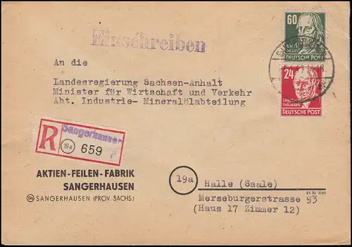 220 Thälmann und 225 Hegel als MiF auf R-Brief Not-R-Zettel SANGERHAUSEN 5.1.49