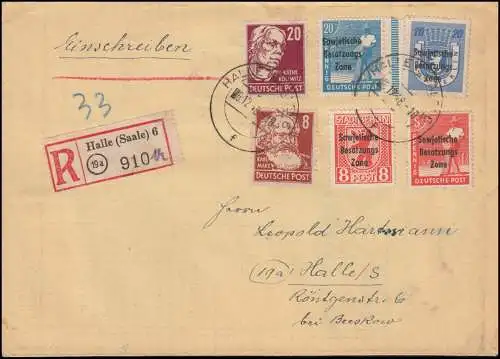 Orts-R-Brief HALLE/SAALE 6.12.1948 mit 184ff SBZ-Aufdrucke und Persönlickkeiten