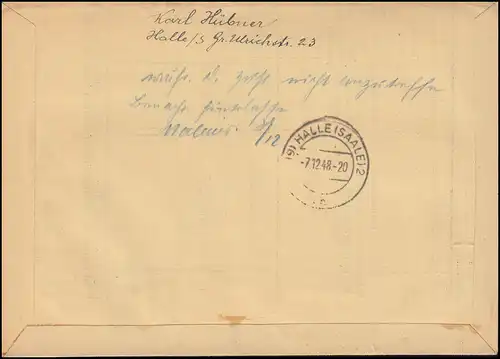 Lettre R de localisation HALLE/SAALE 6.12.1948 avec 184ff impressions SBZ et personnalités