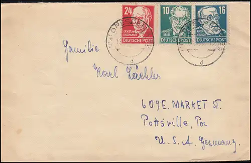 215 Bebel + 218 Virchow + 220 Thälmann sur lettre internationale DRESDE 19.1.1950