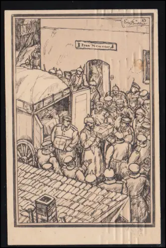 AK Artiste Erich Büttner: Le courrier de terrain avec la sortie de paquets, carte Wofa 4.11.1916