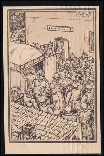 Künstler-AK Erich Büttner: Die Feldpost mit Paketausgabe, Wofa-Karte 4.11.1916 