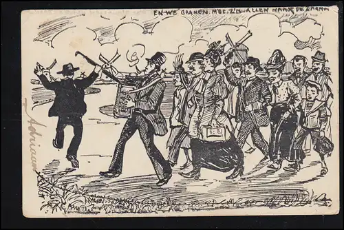 Künstler-AK Marschmusik - Lustiger Musikantenumzug mit Windmühle, beschriftet 