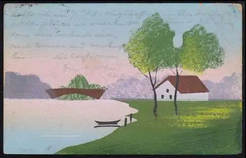 Artiste AK Plage-idylle avec maison, pont - HANDGEMALT, BERLIN 25.9.1919