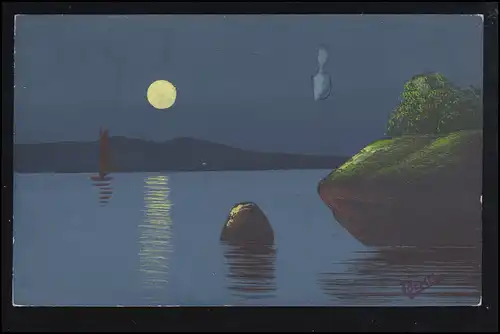 Künstler-AK Handgemalte Postkarte: Seeidyll bei Vollmond, beschriftet 20.1.1916
